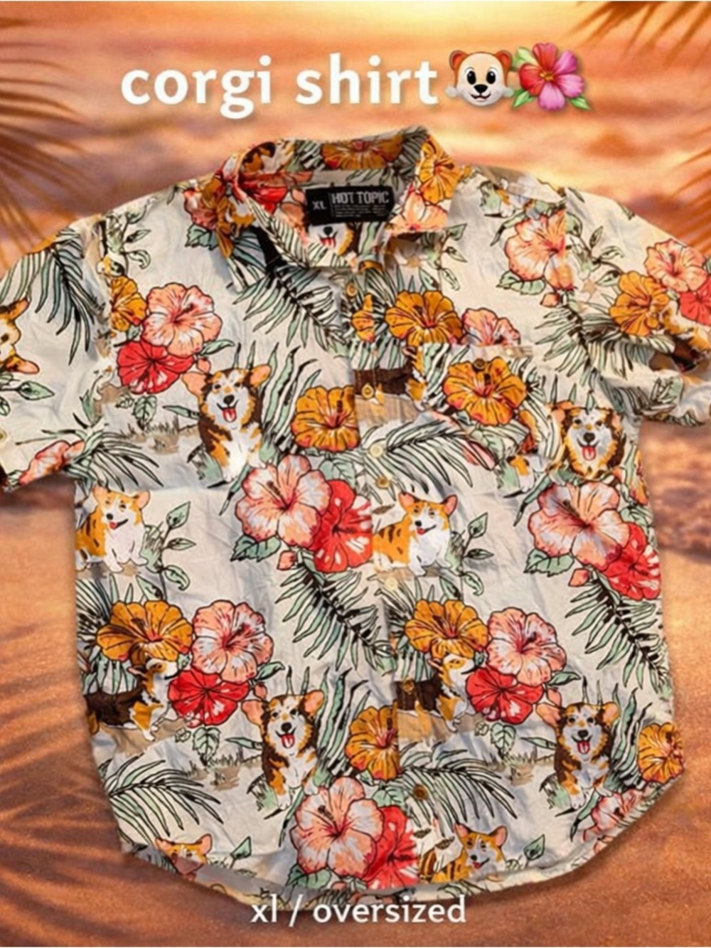 Hot Topic White Hawaiian Corgi Button-Down Shirt with Red & Orange Floral